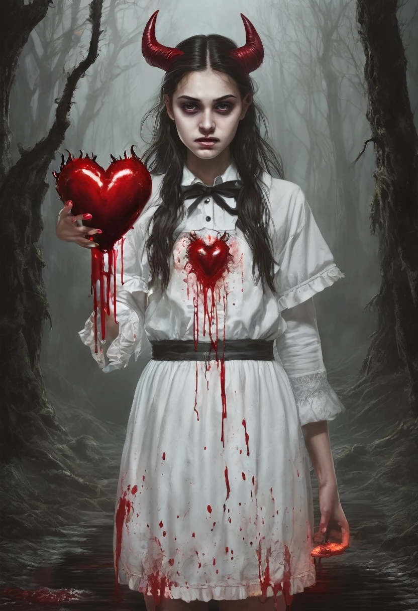  girl possessed by a demon, holding a human heart in one of his hands while a trickle of blood falls 
