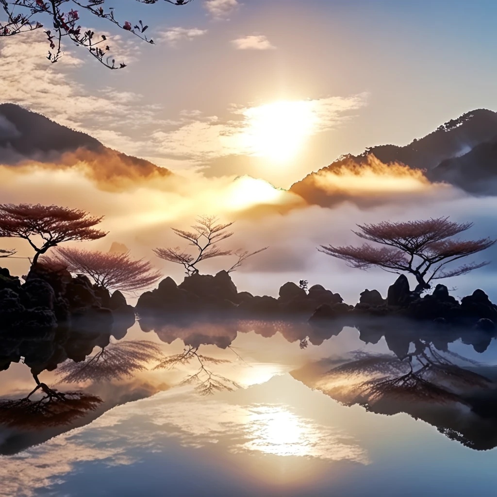 God's world, otherworldly morning, mysterious and calm feeling, heroic, magnificent, good morning, ancient Japan, emerging from the darkness, I wish world peace. ((Highest quality, 8K, Masterpiece: 1.3))