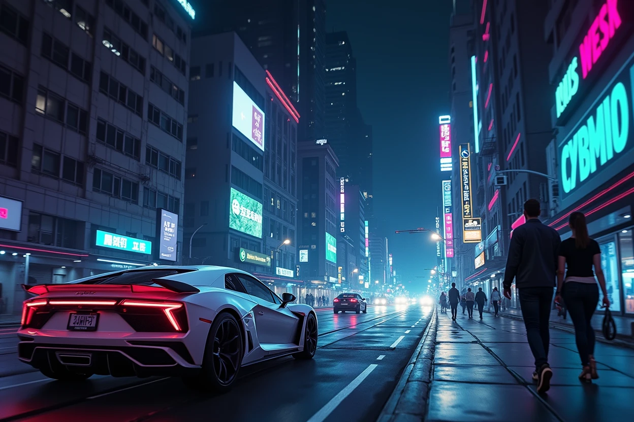 work of art, best qualityer, minimalist art, graphic design, professional art, cyberpunk city 2077, street with futuristic cars and pedestrians, illuminated buildings, technological city, BIRD POV