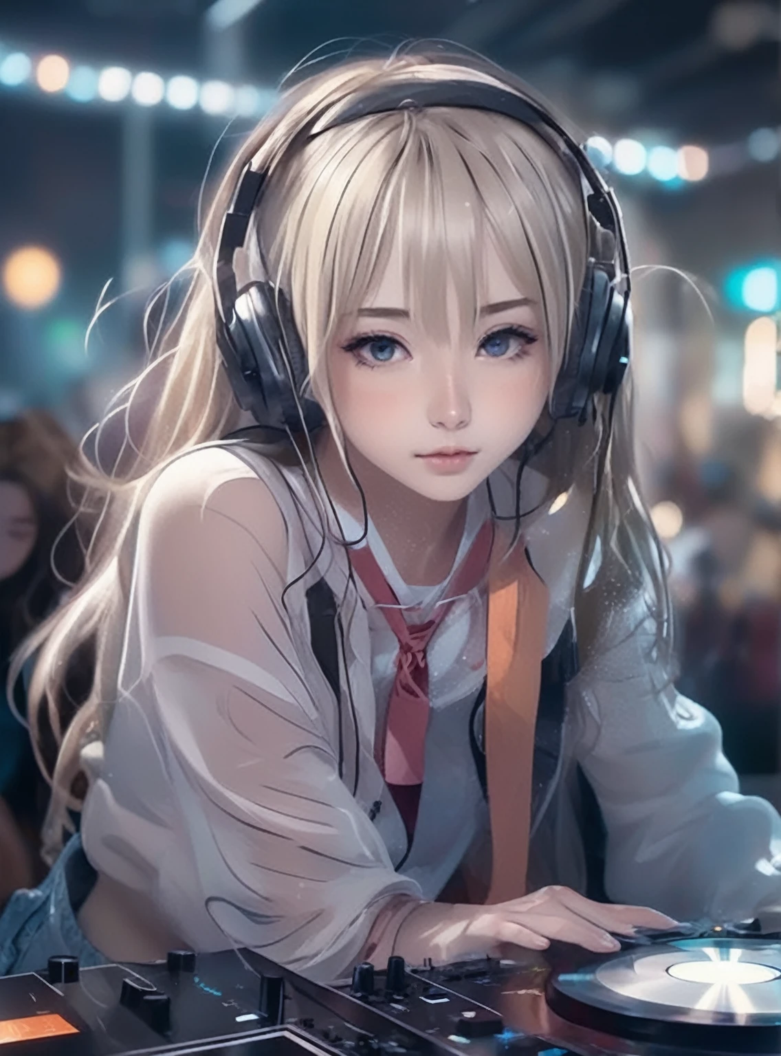 A woman wearing headphones is playing music on a mixer, anime style 4 k, Nightcore, anime vibes, anime style. 8k, 4k anime wallpaper, anime. Soft lighting, Gweiz-style artwork, anime wallpaper 4 k, anime girl, anime wallpaper 4k, With headphones, blonde anime girl with long hair, digital anime art