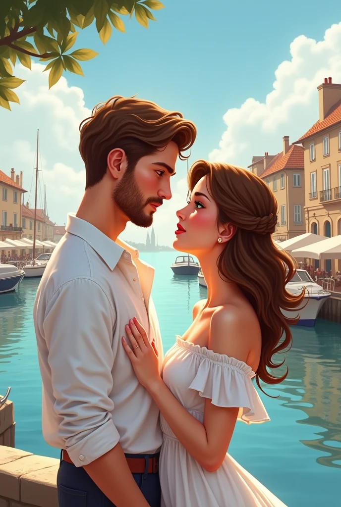 book cover with a young couple in marcella france at the port dressed in white the boy is tall with thick honey brown hair with no beard on his face, white skin, honey green eyes and thick lips the girl is short with thick wavy brown hair and honey eyes, white skin, pink and thick lips I want the image for the cover of a book with the title valentine's coupon and to be seen in profile