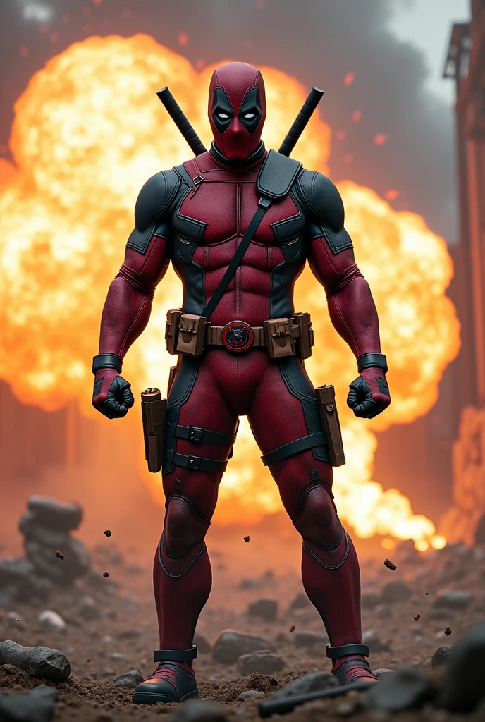 Deadpool full body and without helmet with suit destroyed by explosions