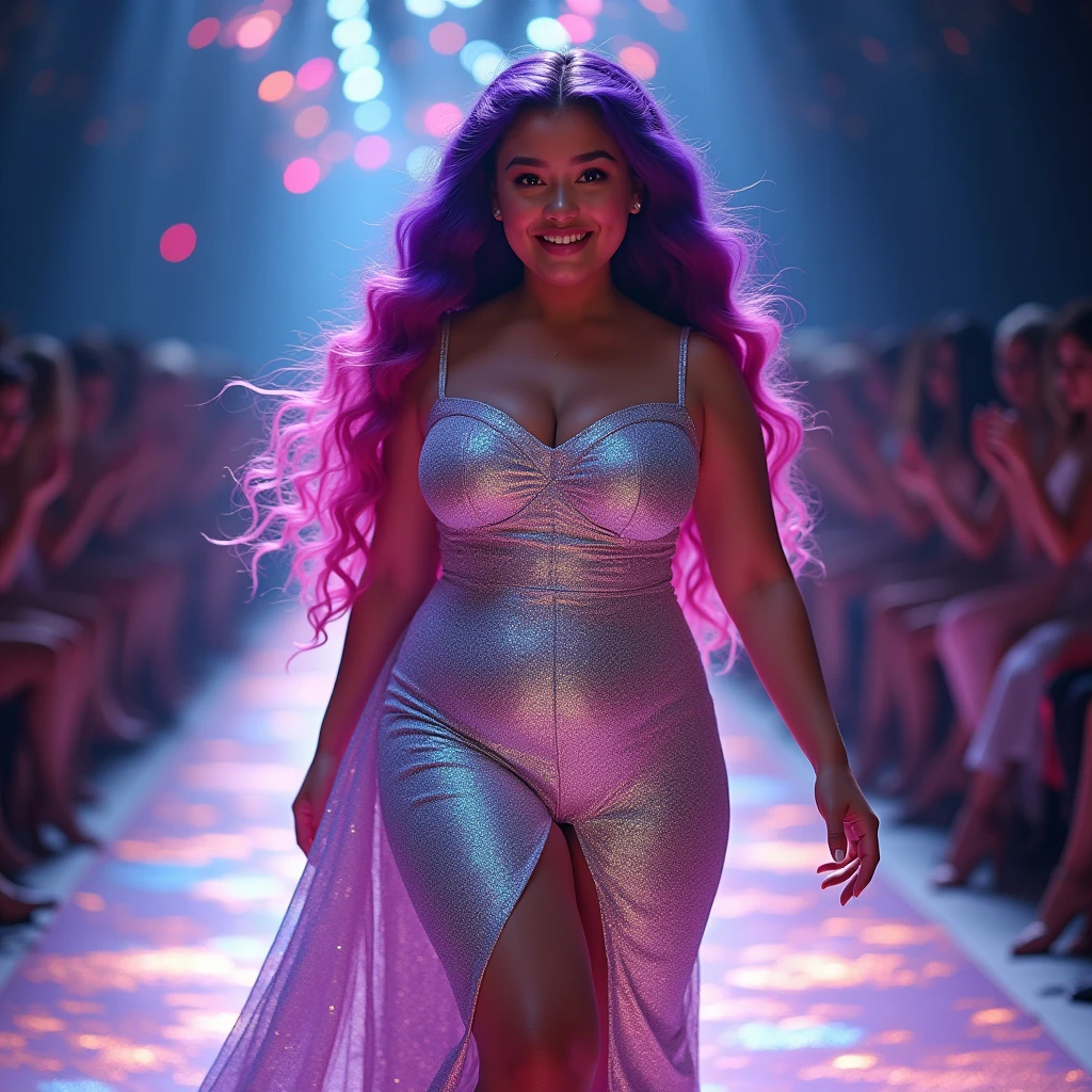 Busty chubby girl with long wavy purple and pink hair, hazel eyes and a fantastic iridescent holographic glitter rainbow night gown, dynamic pose, on a catwalk