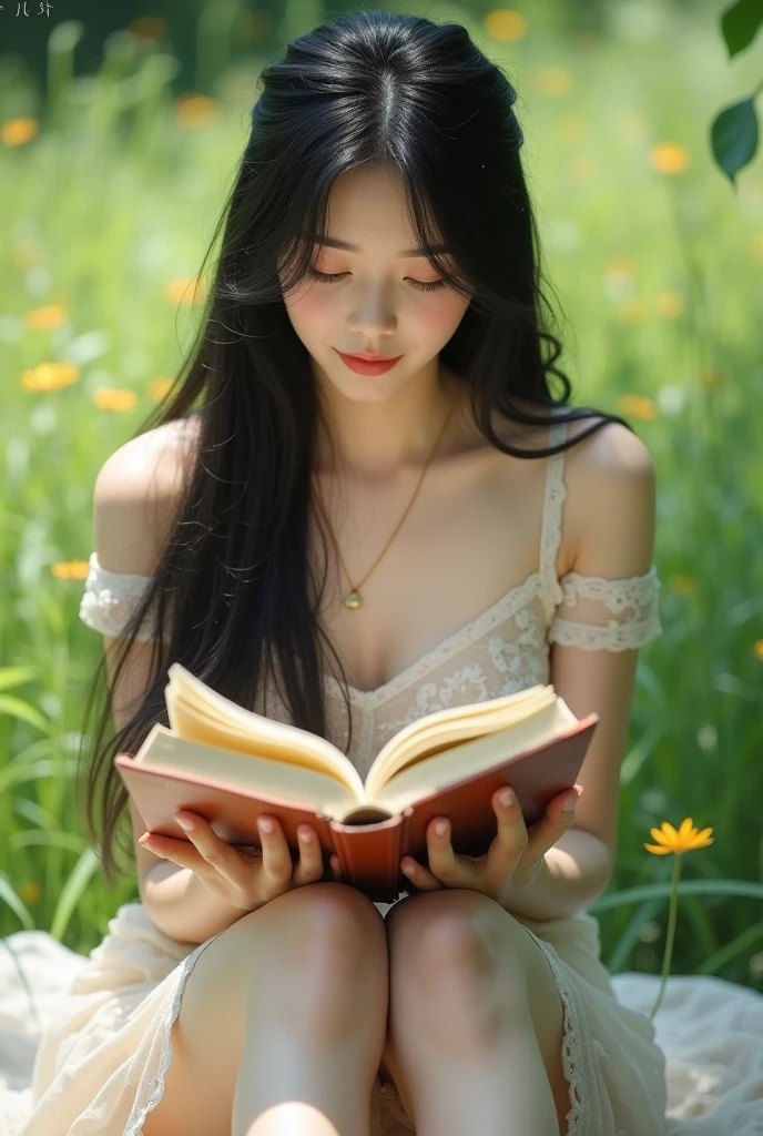 a beautiful delicate young girl,lolita wearing a wet white sundress laying in the grass reading a book, her clothes clinging to her sensual figure revealing her curves and nudity, detailed facial features, long wet eyelashes, soft skin, delicate facial features, realistic, photorealistic, photo-realistic, 8k, masterpiece:1.2, ultra-detailed, vivid colors, warm lighting, peaceful garden scene, dew on the grass, gentle rain, natural beauty