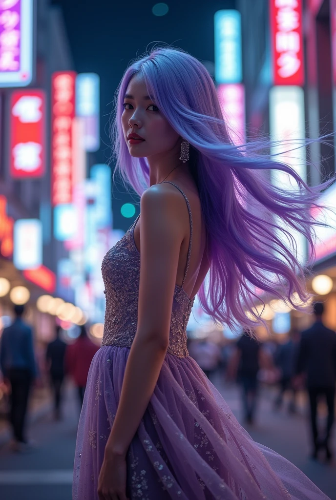 Tokyo, Kabukicho, long hair fluttering in the wind, purple hair with silver highlights, high definition, dress
