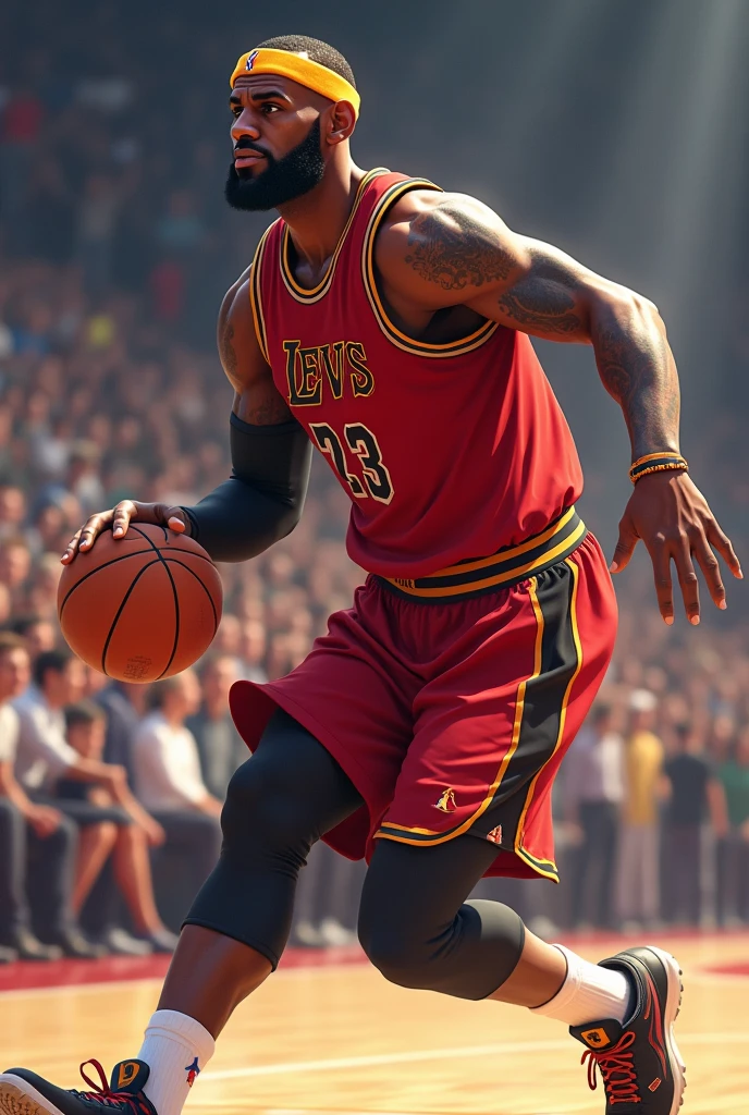 LeBron James playing basketball as an anime character, nba, traditional clothes , best quality in everything , masterpiece, 4k resolution, lot of details, high resolution,
