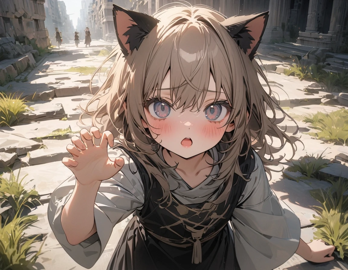 ((Masterpiece)), ((best quality)), ((wide shot)), (super detail:1.2), (High Definition:1.3), ((extremely detailed)), (8K), (Professional Photography:1.2), (very aesthetic:1.2), (absurdres:1.2), (sharp focus), (perfect light), ((kawaii)), (drop shadow), ((1girl)), ((12 years old)), ((Clothes like a pagan guru)), (Cute innocent teenage girl), slendar body, small chest, ((claw pose)), very messy medium hair, ((Clothes like a evil black)), blush and shy, open mouth, cat ears, pale brown hair, (the Decaying ancient ruins cityscape), Grass is thriving, (Beautiful and clear waterside), (cute cheeks), glossy lips, pouty lips, bags under the eyes, (lower eyelashes), (detailed background:1.2), newest,clear line,