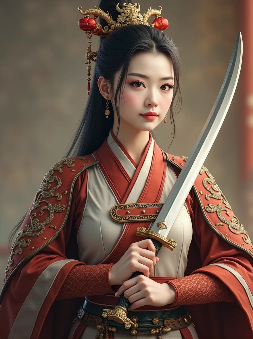(Holding a Chinese sword in front of her chest with both hands:1.3)、Front view , a Chinese female warrior, ancient Chinese girl, 2 century, looking at viewer, beautiful Chinese Young General, girl is 26 years old, (Highly detailed face, Black hair, middle hair ,Brown eye, Variegated eyes, Ordinary eyes, Tapered eyebrows, Fuller lips, little Lips,), (ears decoration earring), (middle breasts, middle hip), (ancient Chinese costume, Red decoration leather armor emboss armor of dragon , leather inner clothes, put shoulder Red Cloak ), (holding a ancient Chinese Broad sword), standing in Chinese Palace, near Garden, sunset ,((Surrealism, UHD, retina, accurate, anatomically correct, textured skin, super detail, high details, best quality, 8k))