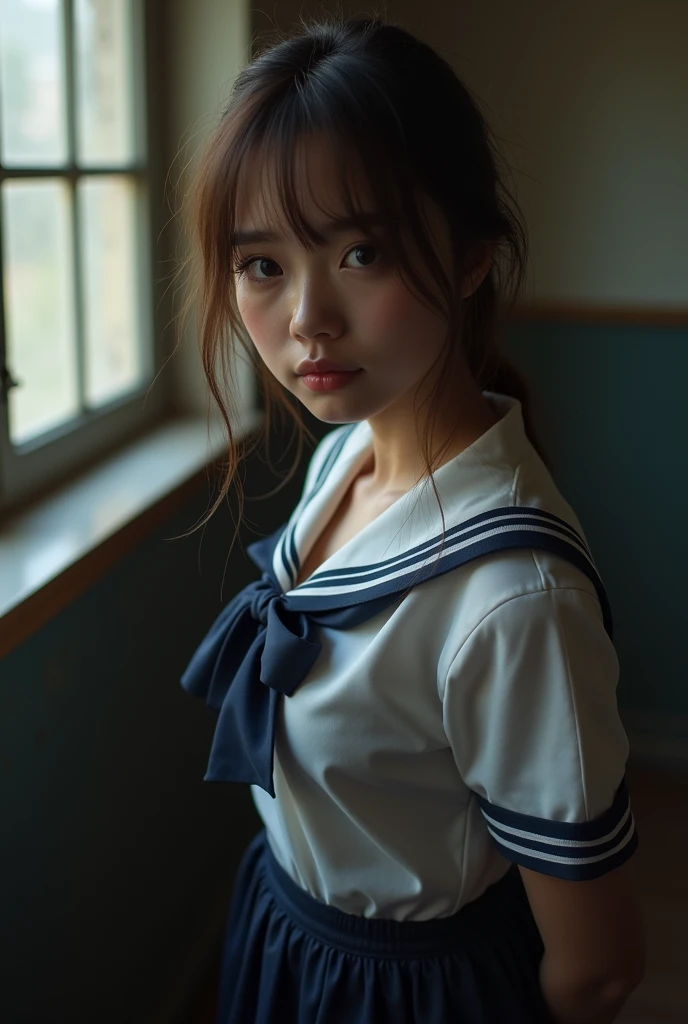 ((beautiful girl)) ((School uniforms:1.4)) ((panty shot:1.5)) ((high school)),((dark blue skirt:1.3)) ((in the classroom:1.3)) ((delgado_fabric:1.4)) ((pose sexy al azar:1.3)) ((sweaty:1.5))((the face is blushing:1.4)) ((big breasts:1.4)) ((close up:1.2)) Best Quality,masterpiece,ultra high resolution,(photorealistic:1.4),raw photo,(Genuine leather texture:1.3),(film grain:1.3),panorama,character portrait,very wide shot,narrow waist,cowboy shot,(In the dark, deep shadow, low key, cold light,) evening,(()),tears running,,dust,Tyndall effect,(Expression),1 girl,beautiful detailed eyes and face,white jabot,Brown eyes,((Brown hair:1.2)) ((Whole body:1.3)) ((smile:1.3)),((fleshy and aesthetic legs)),((voluptuous and very curvy body)).