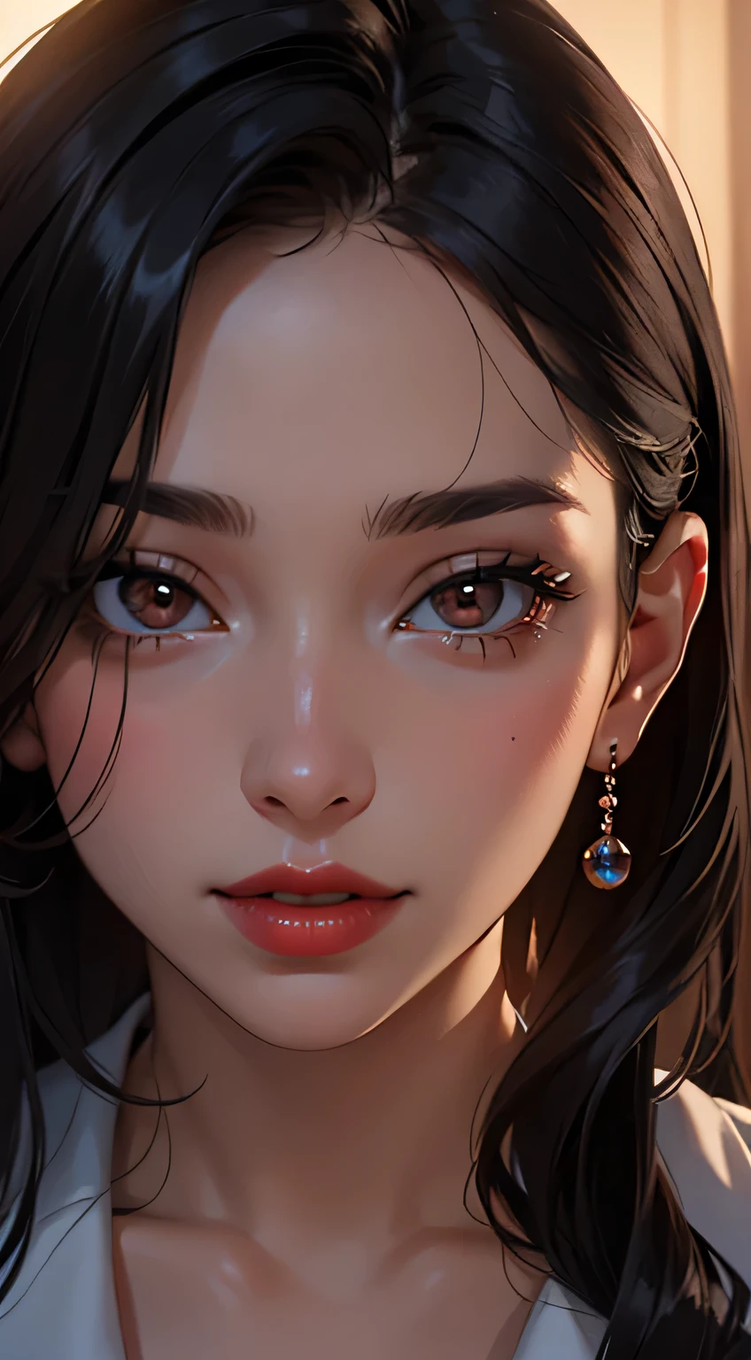 Amazing portrait of a woman who is 30 years old and an adult and a sexy teacher during night time with soft lighting showcasing her red lips and her beautiful face in detail and close up