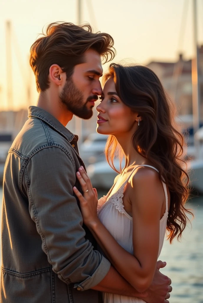 book cover with a young couple in marcella france at the port dressed in white the boy is tall with thick honey brown hair with no beard on his face, white skin, honey green eyes and thick lips the girl is short with thick wavy brown hair and honey eyes, white skin, pink and thick lips I want the image for the cover of a book with the title valentine's coupon and to be seen in profile
