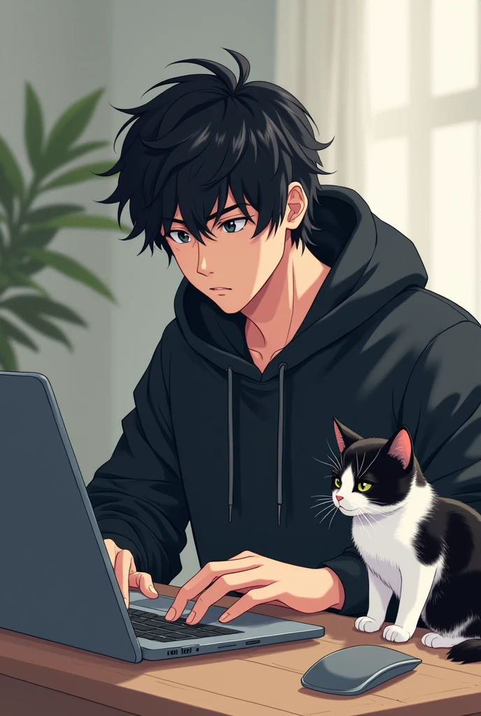 Man with black hair wearing black hoodie working on computer with a furry black and white cat in anime format