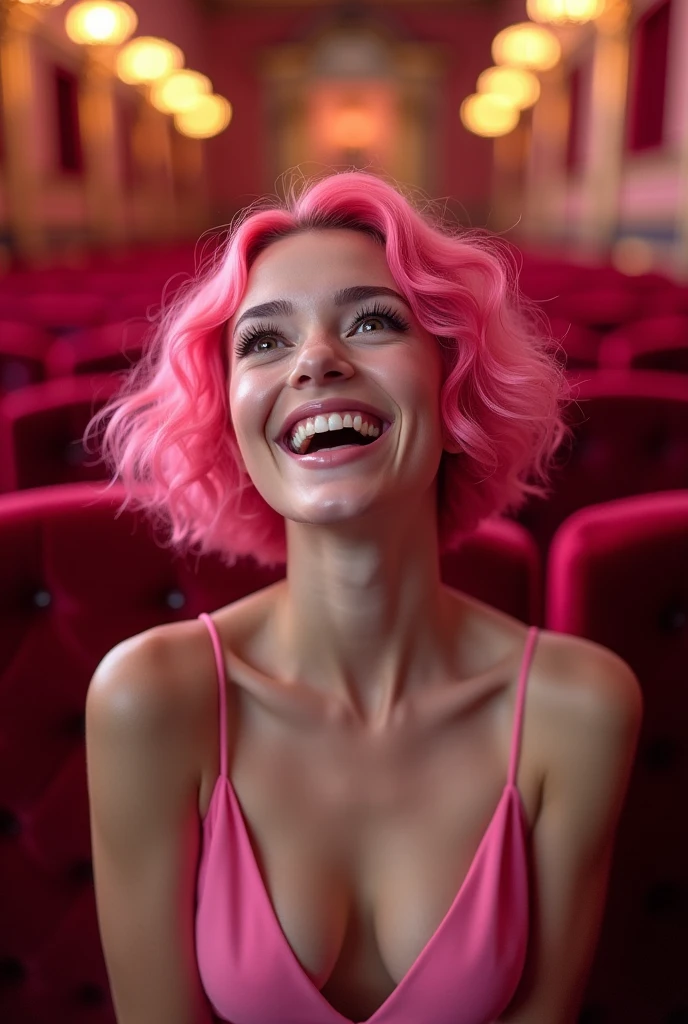Pink hair: The girl has short, wavy hair dyed a bright pink color, styled in loose waves that frame her face. Wide-eyed: Her eyes are open wide, giving her a lively and engaging expression. Dilated pupils: Her pupils appear large, adding to the intensity of her gaze. Laughing: The girl is captured in the midst of laughter, with her mouth open wide, showcasing her white teeth. Theatrical lighting: The entire image is bathed in soft pink stage lighting, creating a dramatic and artistic ambiance. Smiling: Her smile is broad and genuine, contributing to the joyful mood of the image. Elegant dress: She is wearing a low-cut pink dress, which is elegant and accentuates her figure, fitting the theatrical environment. Red velvet seats: The background features the plush red velvet seats of the theater, adding depth and a sense of luxury to the image. Ornate details: The backdrop includes ornate gold detailing and decorative elements typical of classic theaters, contrasting with the modern lighting and creating a rich, textured setting. Theater atmosphere: The overall vibe suggests a lively, sophisticated theater scene, with an emphasis on elegance and high-quality visual details, including a focus on bokeh, high resolution, and anatomical accuracy.