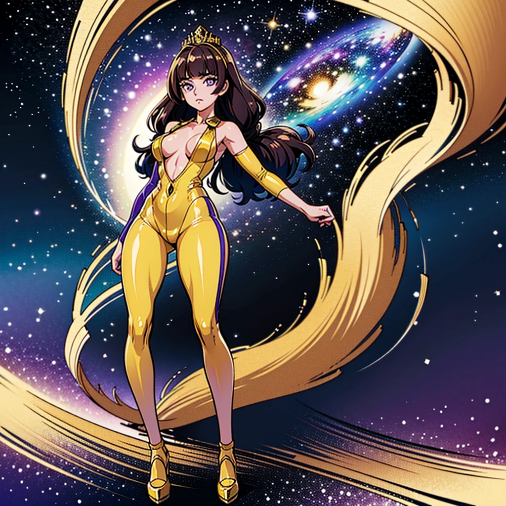 (1 girl), (solo), ((amanogawaki)), best quality, highres, high quality, 8k, HD, super detail, anatomically correct, UHD, accurate, (masterpiece:1.0), (high quality:1.0), (ultra detailed), (Galaxy background), Purple Eyes, Looking At viewer, Serious Face, detailed eyes, (MFBP1), Full Body Model Pose, confident female poses, full body, (Yellow Leotard), (Yellow thigh Highs), (perfect hands), (Golden Tiara with Purple Gem)