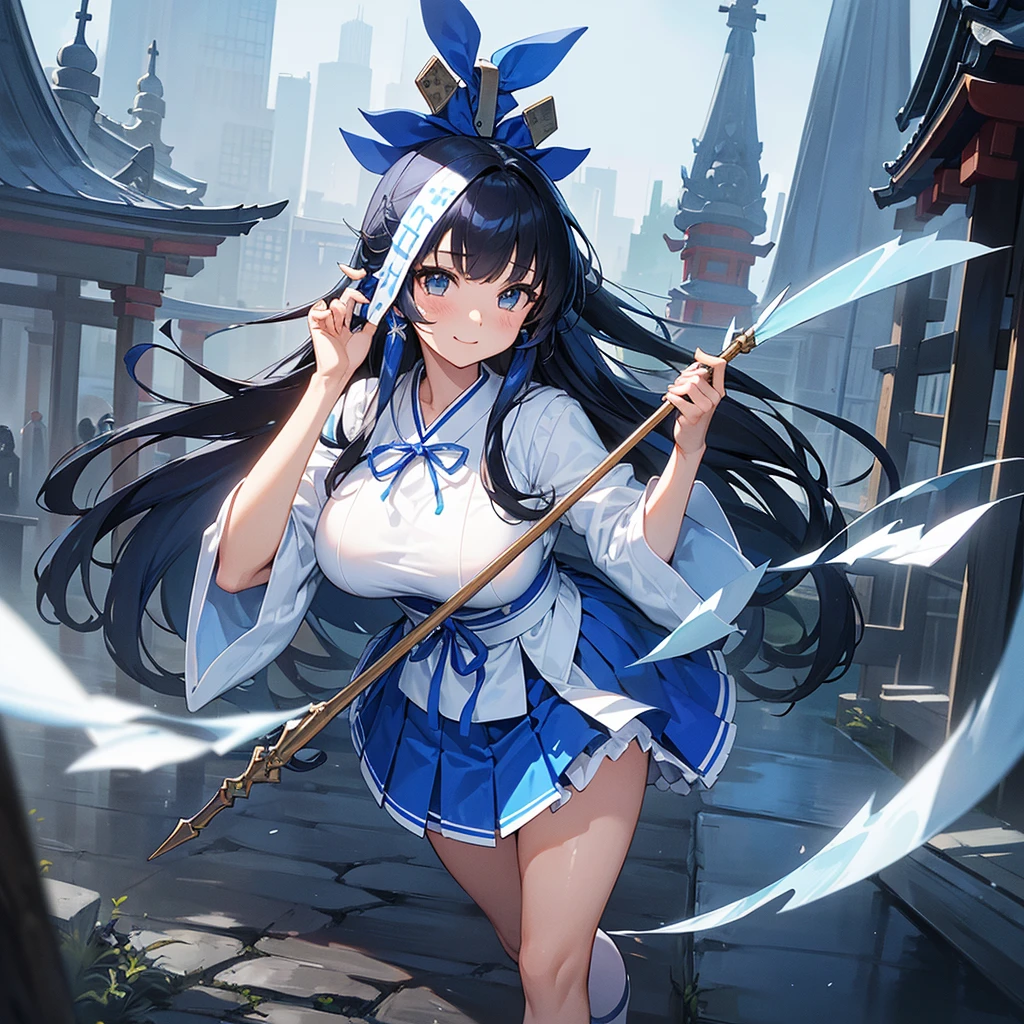 masterpiece,Highest quality,High resolution,Super detailed,hyper quality, highly detailed, (((gripping Spear))), The best smile、(((Blue and white shrine maiden costume))), (((青いmicro mini skirt))), Black hair straight、long hair、I don't wear anything on my feet、(((Blue Big Ribbon))), Large slit eyes、Straight bangs、Big Breasts、Blue sleeves、A girl about 、Height: 165cm、Are standing、Shrine Background