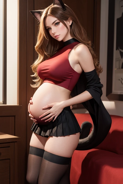 8k, masterpiece, very realistic, Full body Sexy pregnant cat woman, cat ears, very slim waist, slim thighs, pleated red mini skirt, black crop top, long slightly wavy blonde hair, medium breasts, pregnant, curved back, cat-like pose, midriff, stockings, embarrassed, red blush, blushing, from the back