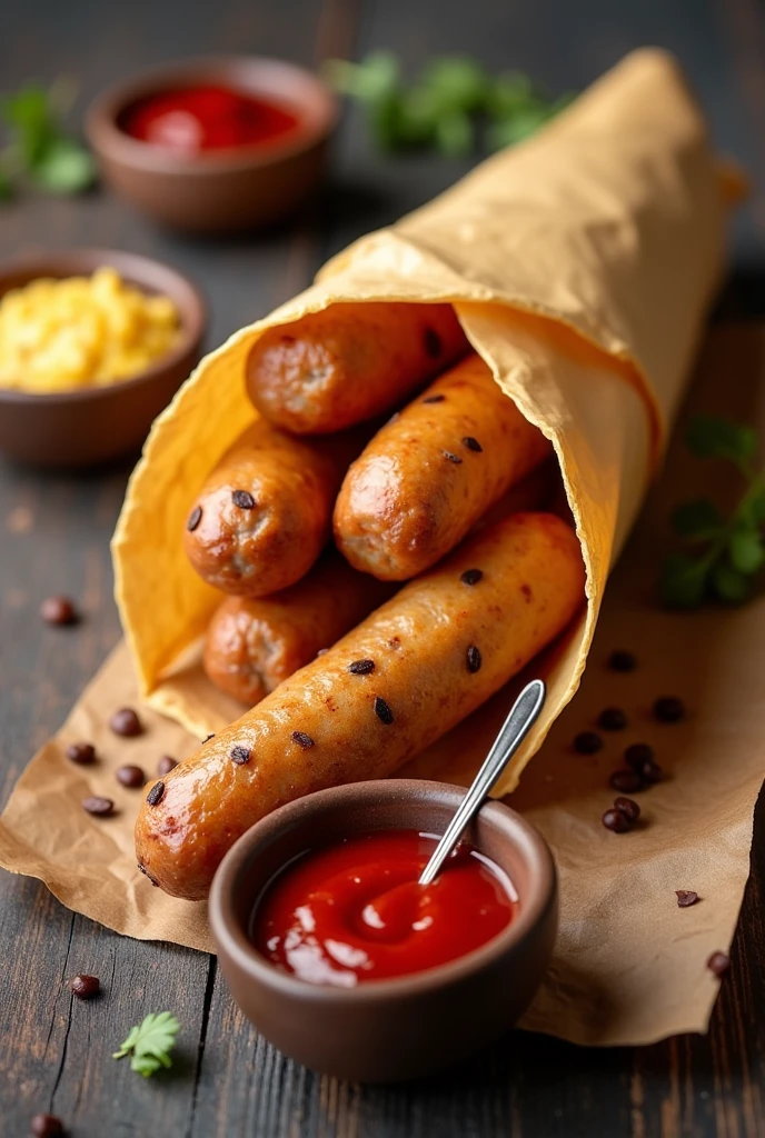 Potato sausage in a cone and sauces 
