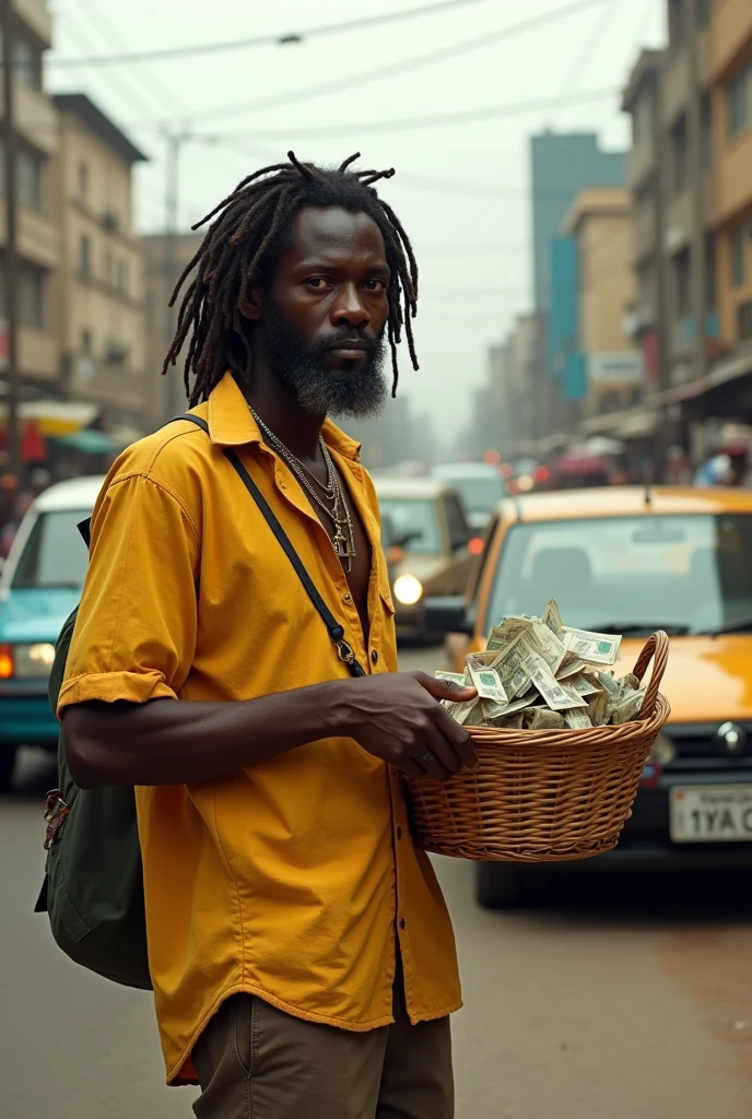 a Nigerian man and in a Nigerian setting. Yellow shirt. Dread locks, tattered beards, with a bag of razor blades, hawking in the traffic of Lagos State, naira notes in his left hands and a basket of razor blades on his shoulder.