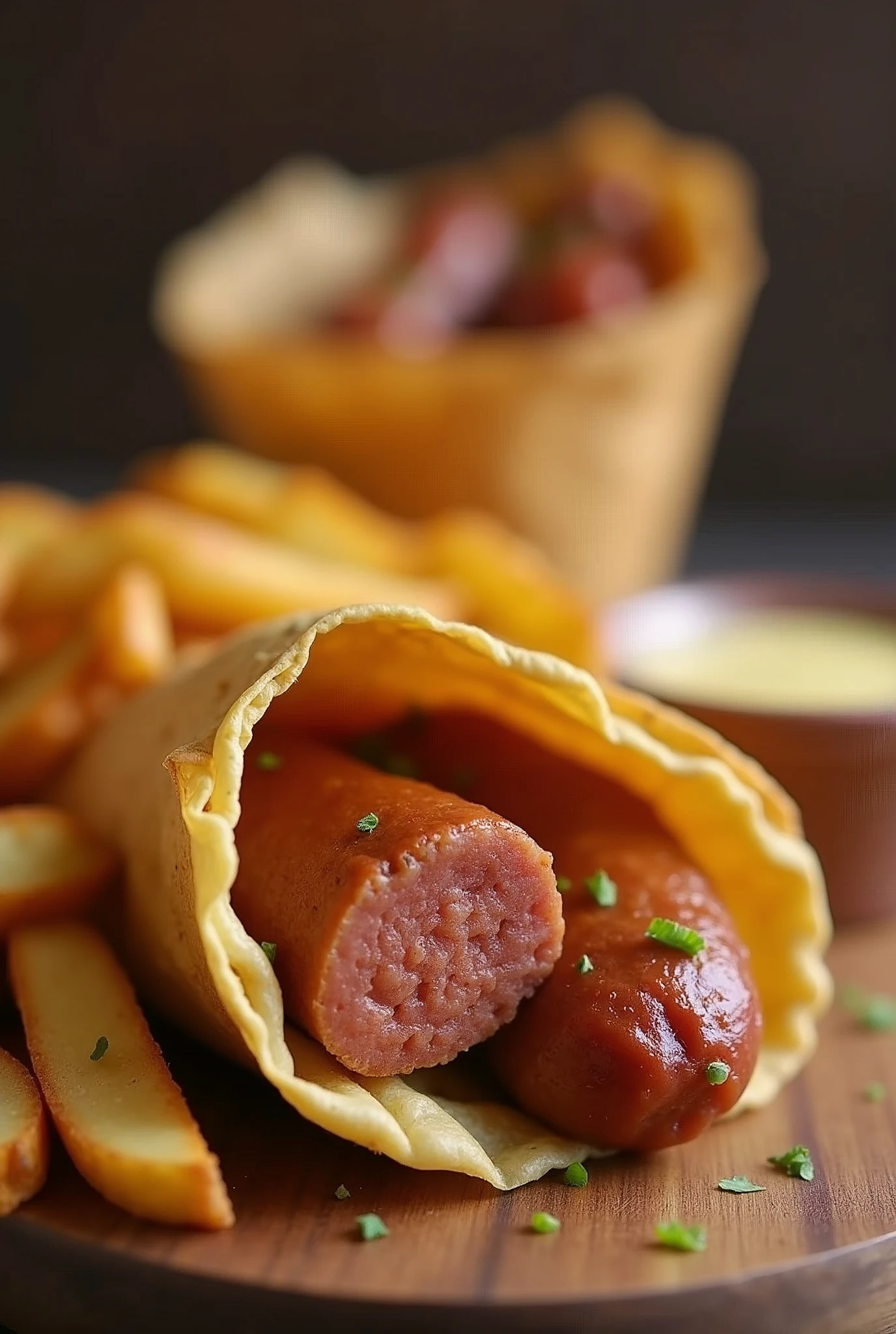 Potato sausage in an appetizing cone