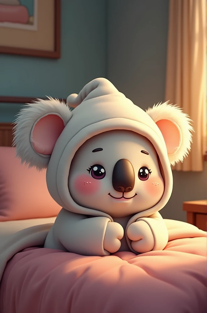 a Kawaii koala with big baby eyes, pixar, with sleeping cap, pajamas, Wishing you good night from your little bed. It&#39;s night.