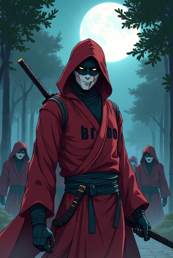 
Create an anime-style drawing, showing a robot dressed as a ninja in a temple, it's nighttime, the moonlight passes through the leaves of the trees, the ninja robot is WITHOUT a mask, he's wearing a red robe and holding a sword, he's smiling and there are blood stains on his face on his tunic is written the word ''brabo'',  In the background there are frightened warriors
