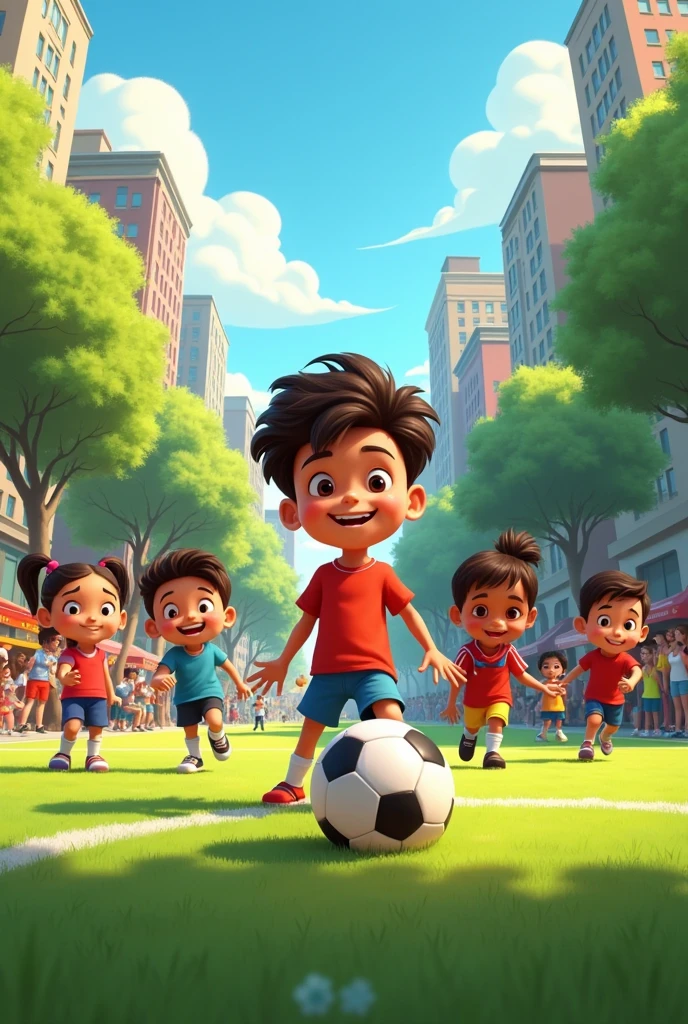 Overview of the park with Tomás and his friends getting ready to play. with the same main character playing soccer same animated appearance
