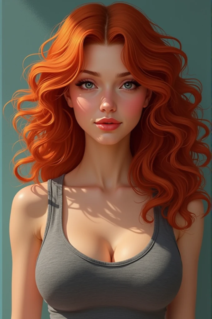 Creat a pic of a woman 22 years old red curly hair stands tall fit and curvy with grey eyes