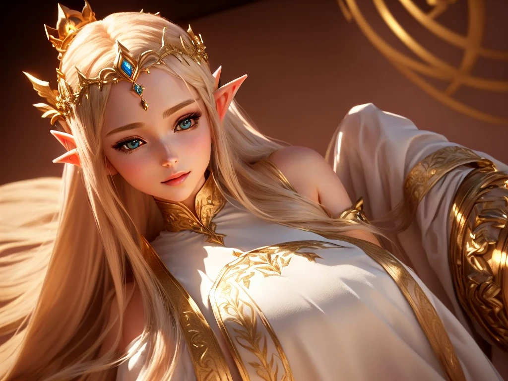 A close-up of a woman in a white dress and a golden crown., Beautiful and elegant elf queen, Elf Princess, 3D 8k rendering character art, beautiful and elegant elf, elf girl, very beautiful elf portrait, render of a cute 3d anime girl, hermosa Elf Princess, photorealistic render of anime girl, portrait of an elf queen