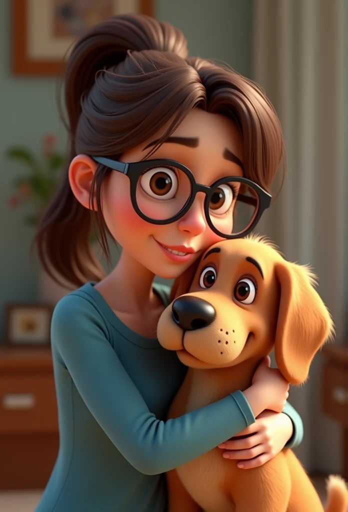 Cartoon character of a woman in black glasses and blue shirt, hugging a gooden retriever big cartoon character, stylized character, animation style rendering, 3d stylized, Arnold Maya rendering, Stylized 3D rendering, toon render screenshot, 3d character, 3d character, Stylized 3D rendering, 3D character rendering, cartoon character, Personagem de close up, character posing, (Pixar-style) (master part:1.2) (bokeh) (best qualityer) (skin detailed) (detailed texture) (8k) (Argilla) (cinematic lighting) (sharp focus