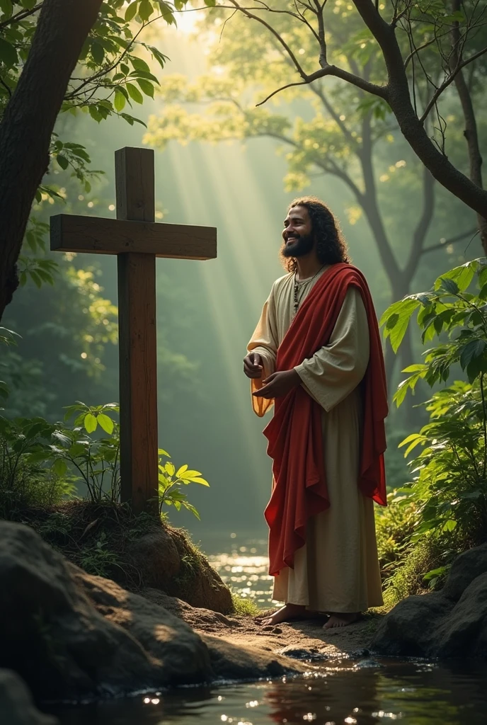 Jesus smiling in the jungle next to an indigenous man who is next to the maloca, the river and a cross