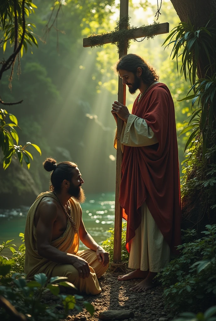 Jesus smiling in the jungle next to an indigenous man who is next to the maloca, the river and a cross