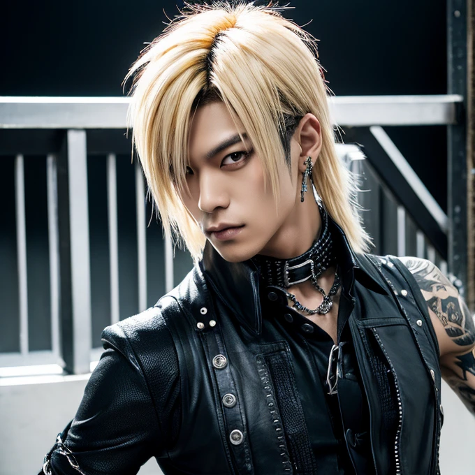 1 japanese male rocker, asien eyes, Visual Kai hairstyle, ultra detailed face and body, hyperrealistic, realistic representation, muscular, broad shoulders, tattoos gothic style, piercings, Visual Kei style, hairstyle Visual Kei, blond, 40 years old, age 40 outfit gothic streampunk, men's shirt and black pants, Asian eyes, eyes Asian, long hair, long hair