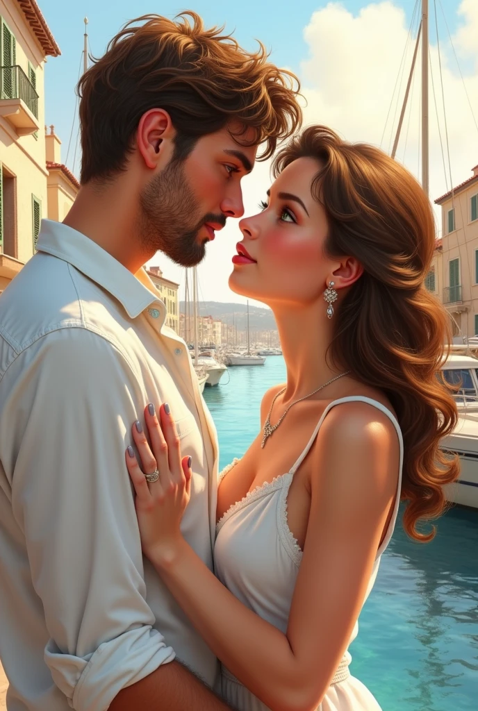 book cover with a young couple in marcella france at the port dressed in white the boy is tall with thick honey brown hair with no beard on his face, white skin, honey green eyes and thick lips the girl is short with thick wavy brown hair and honey eyes, white skin, pink and thick lips I want the image for the cover of a book with the title valentine's coupon and to be seen in profile