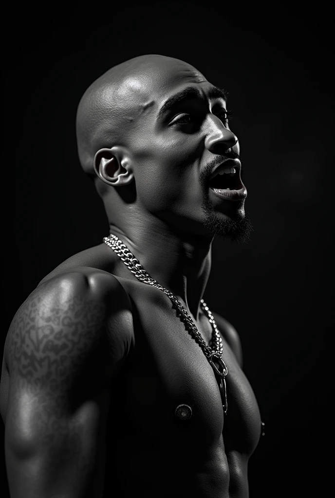 (photorealism:1.2), Tupac Shakur, bald head, 25 years old, extremely accurate features, performing in a concert, rapping aggressively, black and white images,