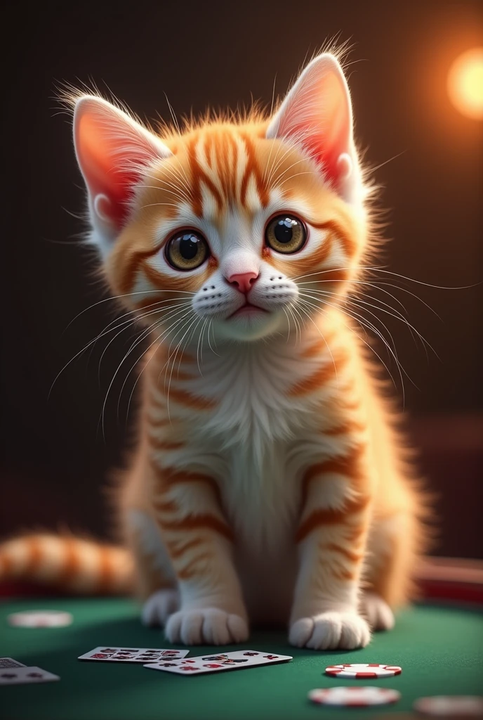 (Highest quality、masterpiece、8k))、Anatomically correct、Very detailed、High resolution、Cinematic lighting、Realistic、((Beautiful, sparkling, detailed eyes))、Intricate details、((Dynamic composition))、Cute kitten、Big head、casino、((card))、((poker))、((cardの柄はクローバー))