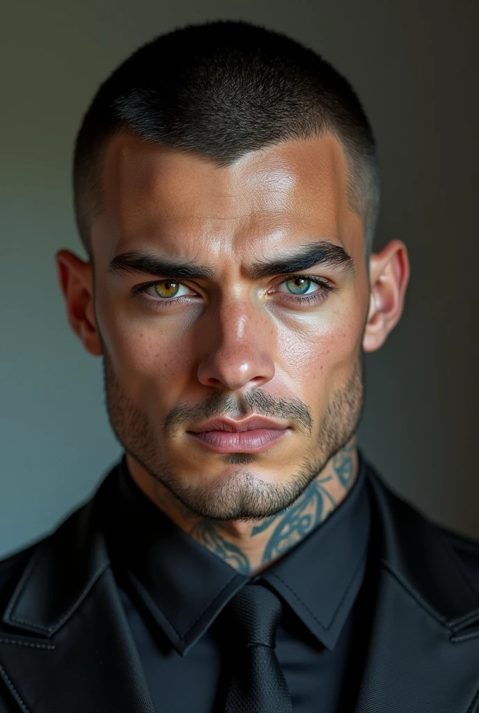 (photorealism:1.2) handsome man,athletic,with one blue eye and the other amber ,black hair and military cut,tattooed and formal