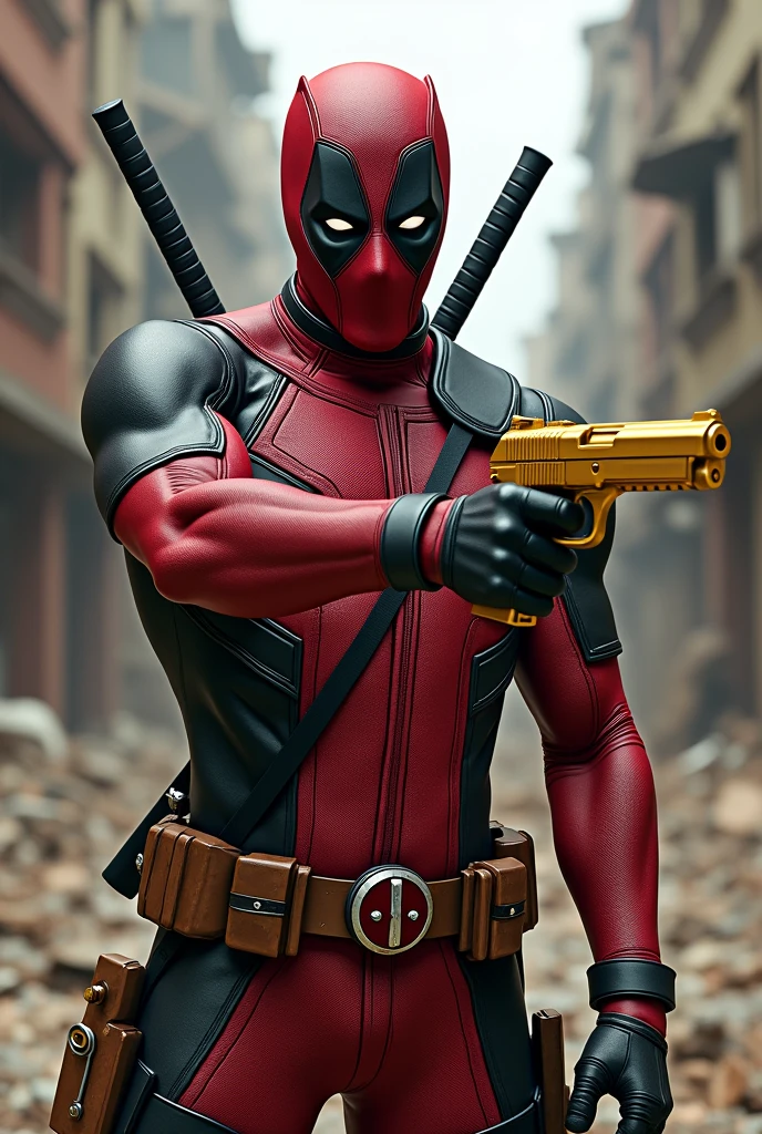 Deadpool full body in destroyed city behind, Shooting golden guns