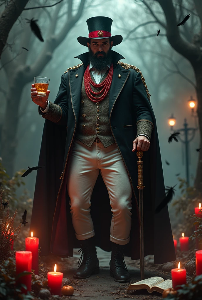 Handsome man with a robust body, barba, by rubio, black and red antique hat, black cape, vaso whisky, Cigarettes, cemetery, red and black lit candles, golden stick, bright green eyes,  melted candles, white vest and pants, lots of red and black necklaces , levitating, black magic books, exu umbanda, Round face, black feathers flying, formal wear, evil smile