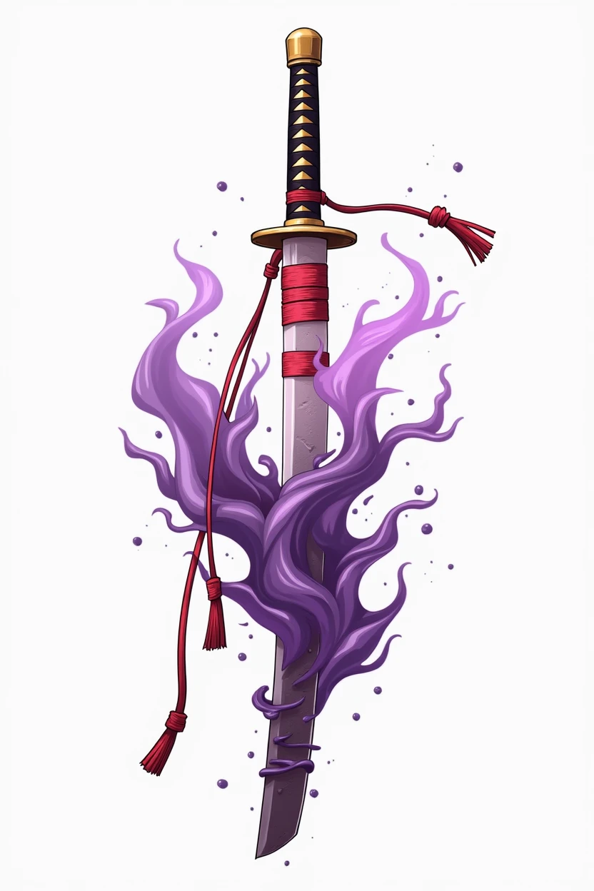 object, White katana, red bandages, black and purple energy, water cover design, anime, 4k, White background