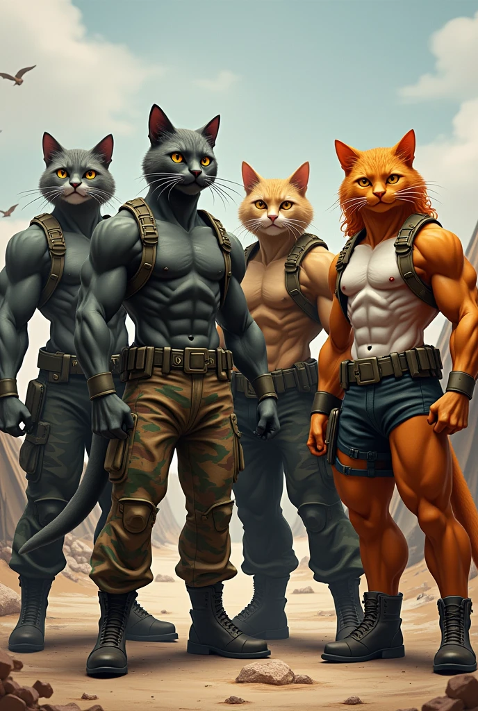 4 cat with military equipment with lots of muscles and different color with pants