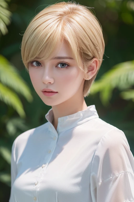 (Highest quality、4K、8k、High resolution、masterpiece:1.2)、Very detailed、(Genuine、Realistic、Realistic:1.3)、blonde、Pixie Cut、High neck shirt、Full body photo