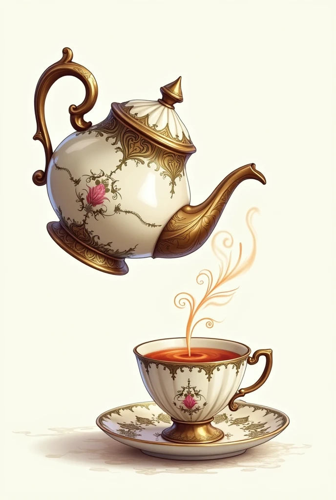 Clipart of fancy teapot pouring tea in delicate tea cup with steam 