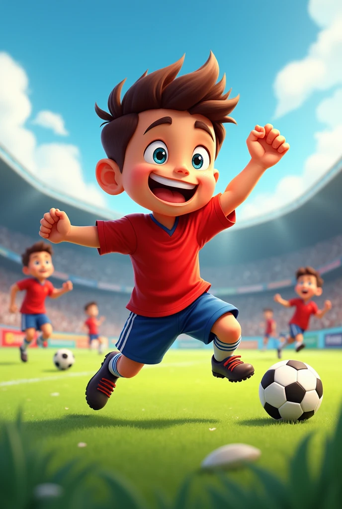 Tomas holding the soccer ball with enthusiasm. with the same main character playing soccer same animated appearance