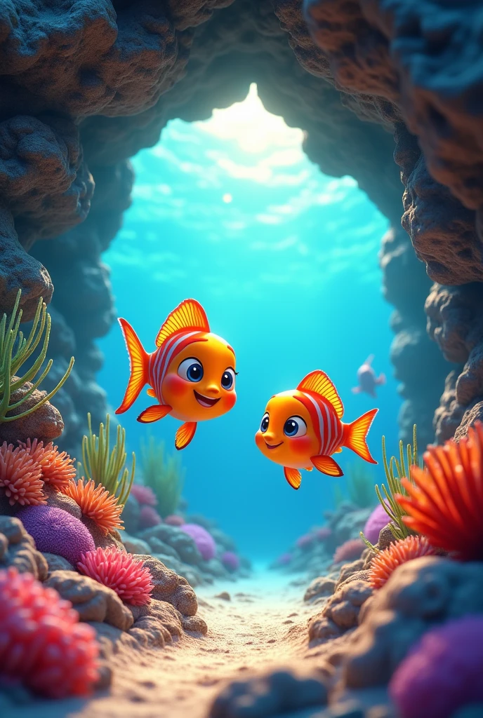 In the heart of a vibrant coral reef, deux amis poissons colorés, Bubbles et Splash, rush through an arch formed by rocks and corals. Leurs écailles brillantes scintillent alors qu'ils se poursuivent, weaving between the undulating fronds of seaweed and darting around the colorful anemones.
(((ultra detailed))) (((4K)))