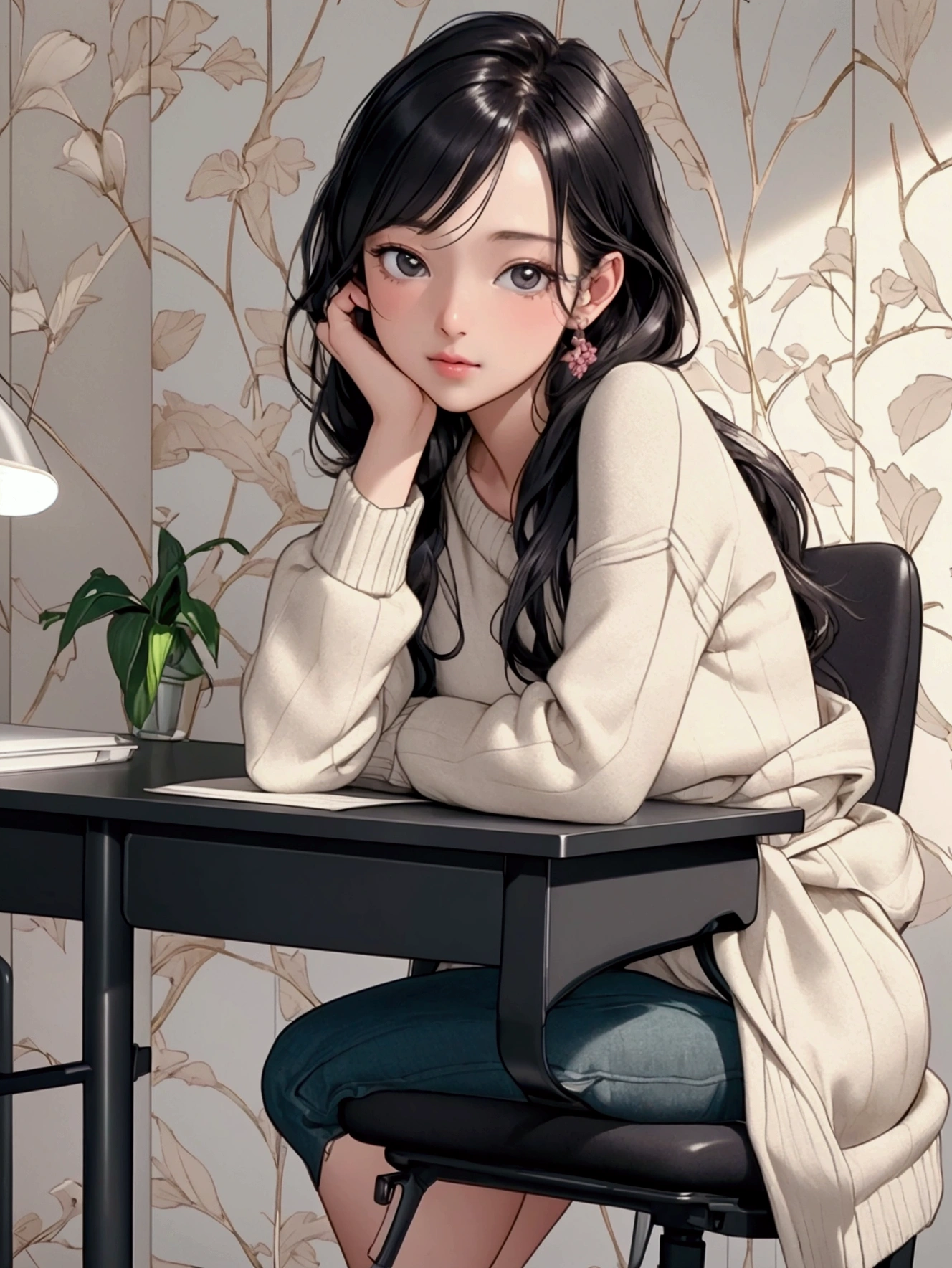 (Masterpiece, highest quality, illustration, fine details), ((highly detailed CG Unity 8k wallpaper, high resolution)), high saturation, low brightness, concept art, ((no people)), (modern and stylish decor), (cute and beautifully decorated room), (sleek desk), (laptop), (ergonomic desk chair), (girl studying in the style of *Kimi ni Todoke*), night, (warm ambient lighting), architectural, indoor, cozy yet modern atmosphere, (minimalist design elements), (soft textures).