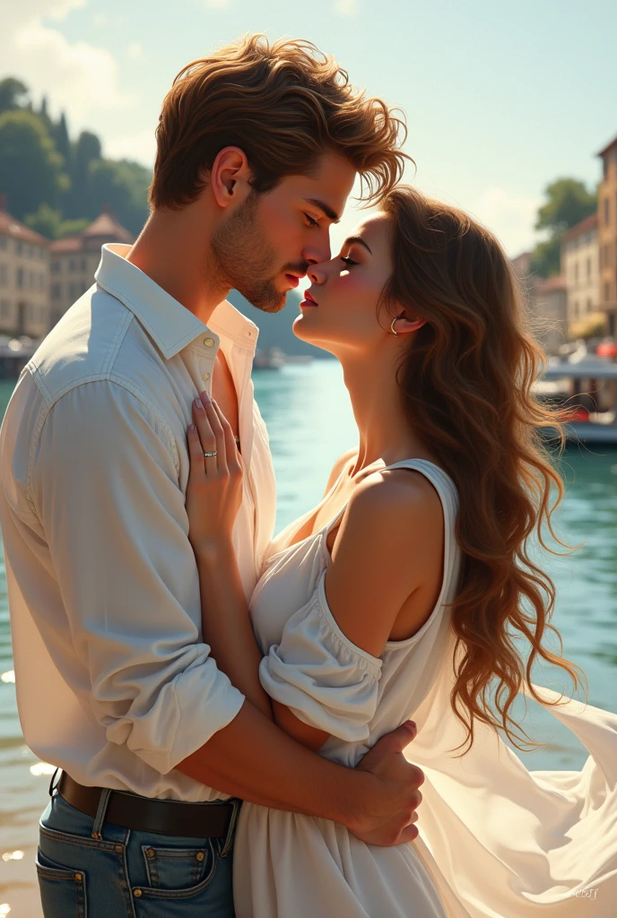 book cover with a young couple in marcella france at the port dressed in white the boy is tall with thick honey brown hair without a FACE BEARD whitish skin honey green eyes and thick lips the girl is short with thick wavy brown hair and honey eyes whitish skin pink and thick lips I want the image for the cover of a book with the title valentine's coupon and to be seen in profile