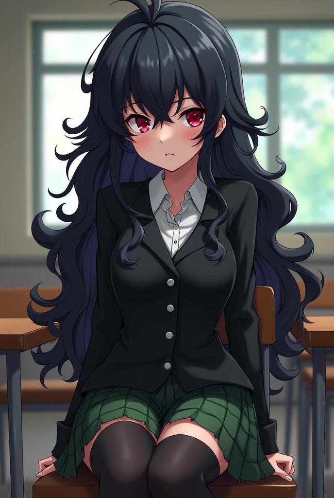My Hero Academia,16 year old girl long wavy black hair, with a turkey that looks like a fringe, Red eyes, wearing a black blazer, white shirt, green skirt, black high stockings, and is in a classroom,She sits quietly watching the bendana