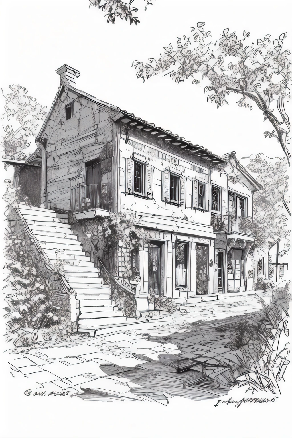 masterpiece,(best quality),detailed,sketch,landscape,houses,stairs,Trees,
