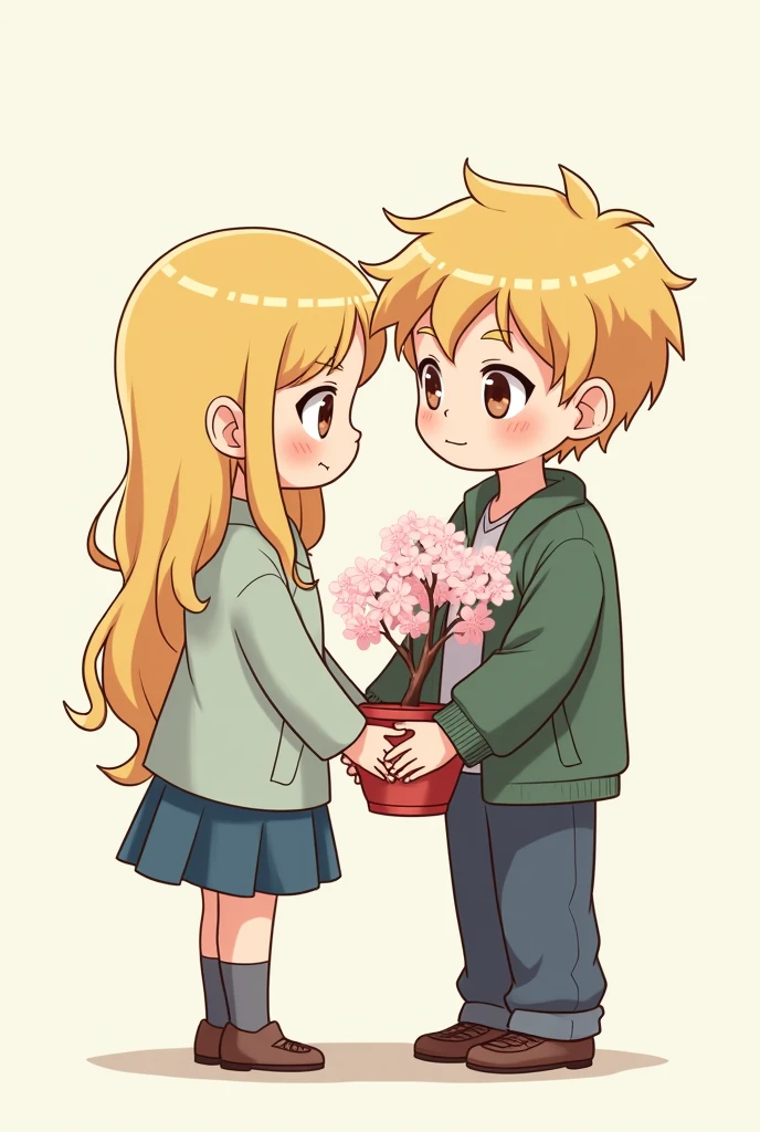 You draw two agers who have in their hands a letter and a pot containing a Japanese cherry tree. The letter will have a monk&#39;s face drawn on it and a farewell symbol., The girl must be blonde with normal clothes and an easy and classic drawing style
