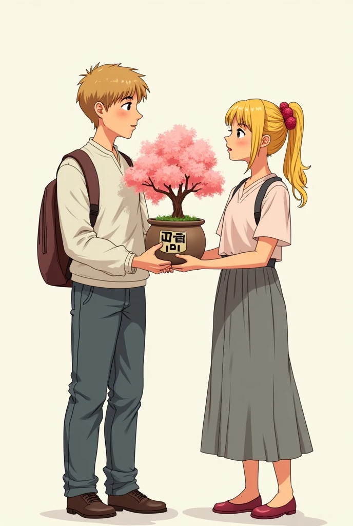 You draw two teenagers who have in their hands a letter and a pot containing a Japanese cherry tree. The letter will have a monk&#39;s face drawn on it and a farewell symbol., The girl must be blonde with normal clothes and an easy and classic drawing style